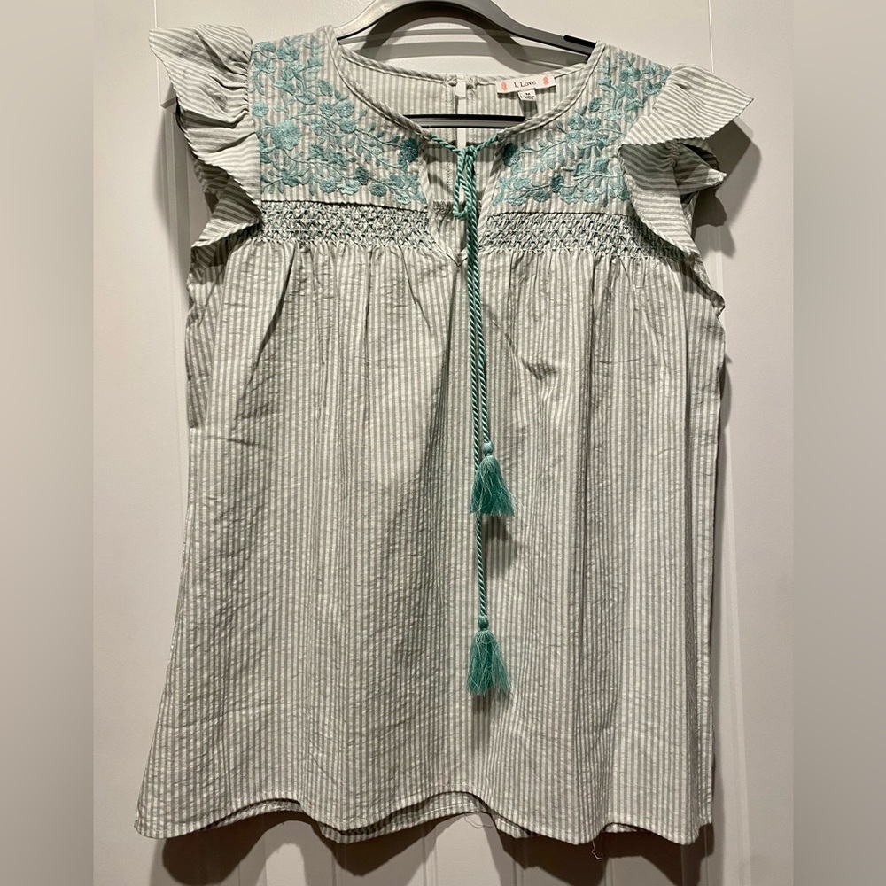 L Love Mint Striped Tank with flutter sleeves, tie front, seersucker, embroidery